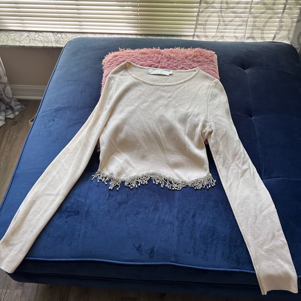 Cream Long Sleeve Sweater with Fringe Hem